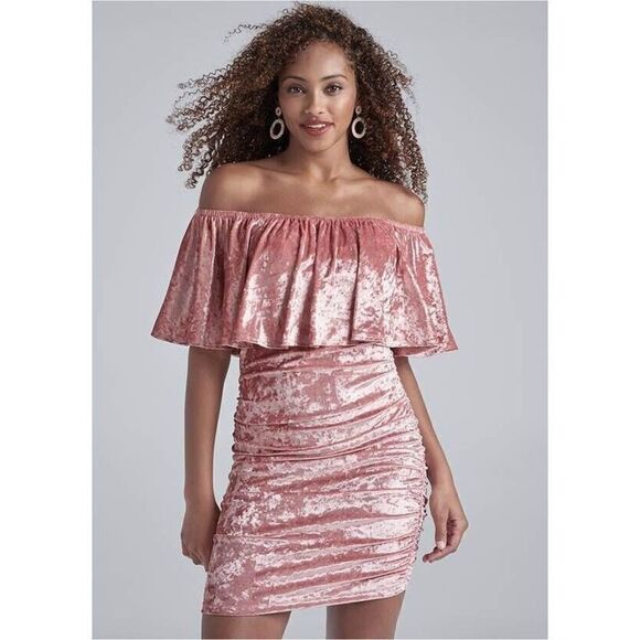 Venus Women's Sz S (4-6) Blush Pink Off the Shoulder Velvet Bodycon Mini Dress - Picture 7 of 8